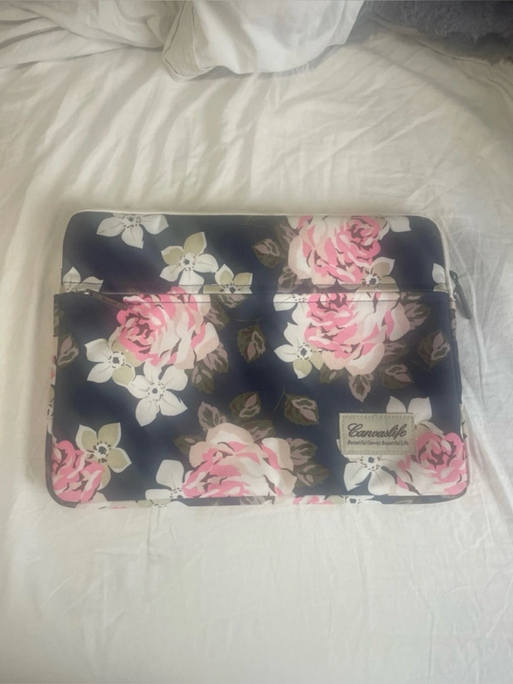 White Rose Floral Print Navy Laptop Sleeve